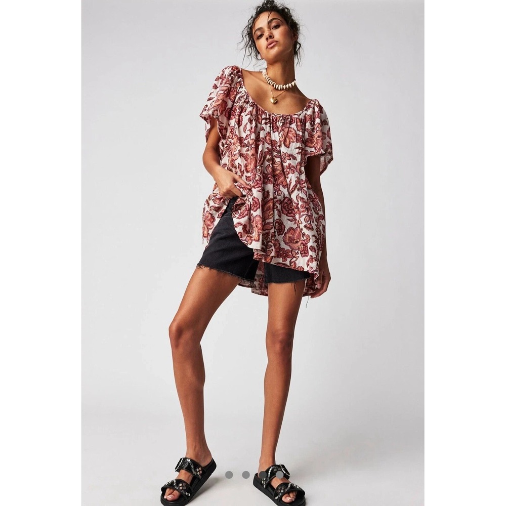 Free People Kauai Getaway Printed Tunic IVORY COMBO Sz M Raw edge Mini Dress